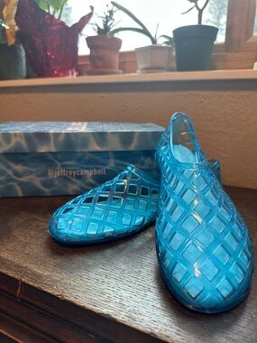 Jeffrey Campbell Translucent Blue Lattice Slip-On Sandals